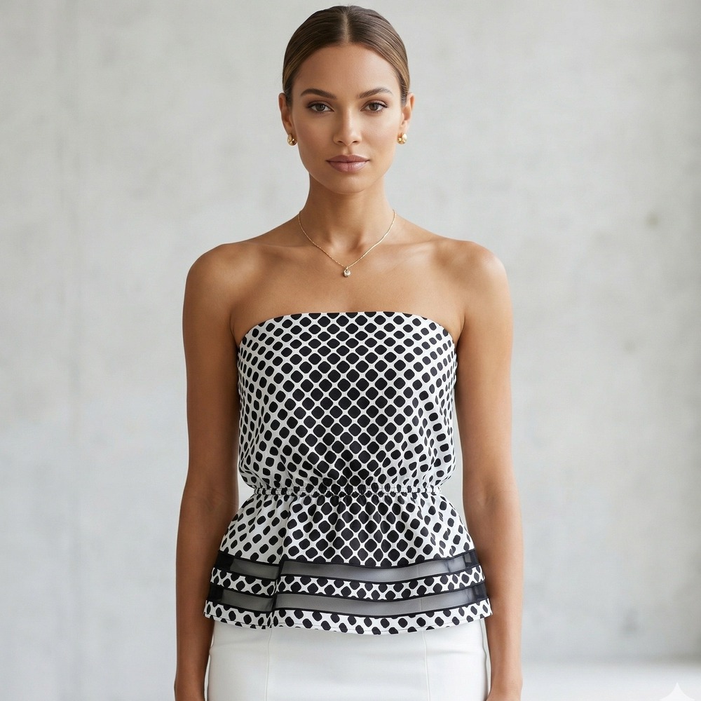 White House Black Market Y2K 100% Silk Strapless Peplum Top 4 Geometric